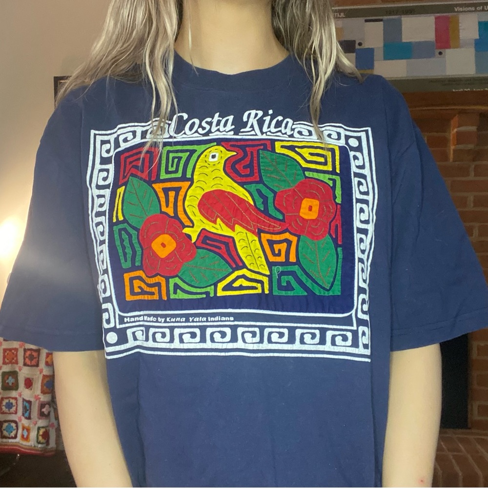 Vintage 90s Costa Rica Handmade Kuna Yala Indians Bird Floral Applique T…